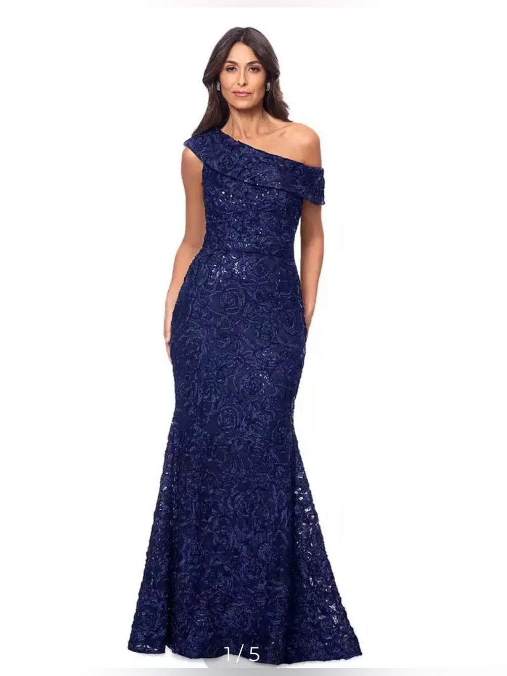 Xscape One-Shoulder Navy Lace Gown